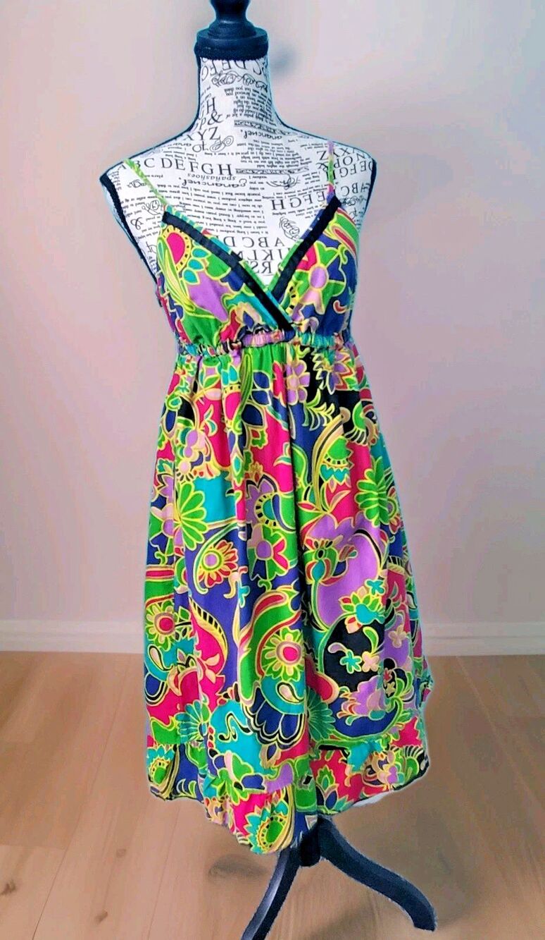 Derek Heart Boho Floral Sundress Small Cotton Smocked Above Knee Dress Vtg